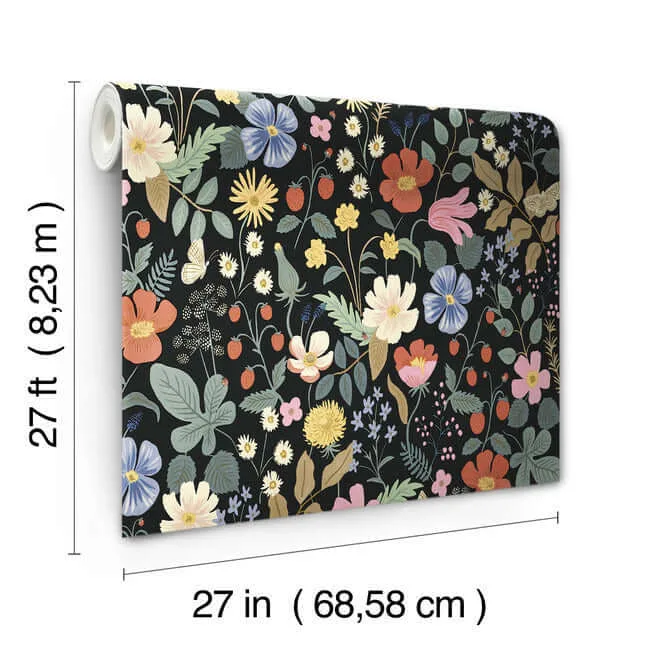 Rifle Paper Co. Strawberry Fields - Black & Green Wallpaper | Buy Online Rifle Paper Co. Strawberry Fields wallpaper, color Black & Green, SKU RP7355