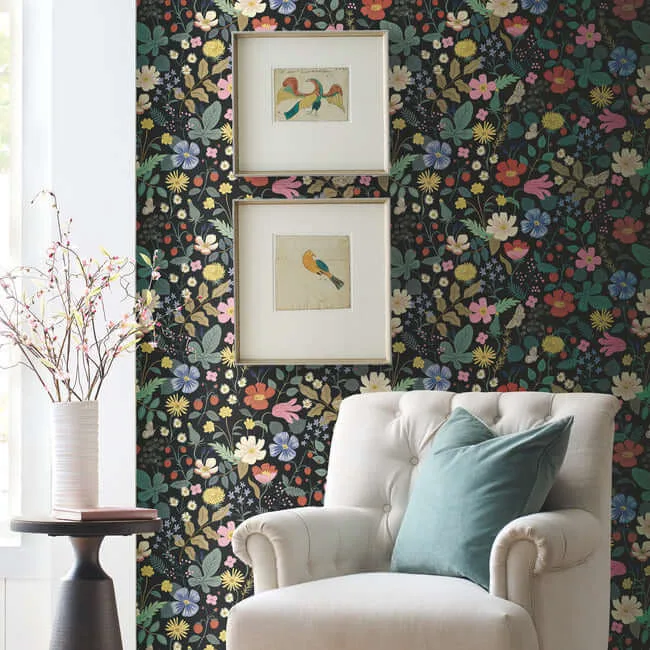 Rifle Paper Co. Strawberry Fields - Black & Green Wallpaper | Buy Online Rifle Paper Co. Strawberry Fields wallpaper, color Black & Green, SKU RP7355