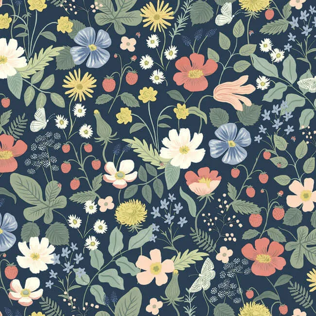 Rifle Paper Co. Strawberry Fields wallpaper, color Blue & Pink, SKU RP7358