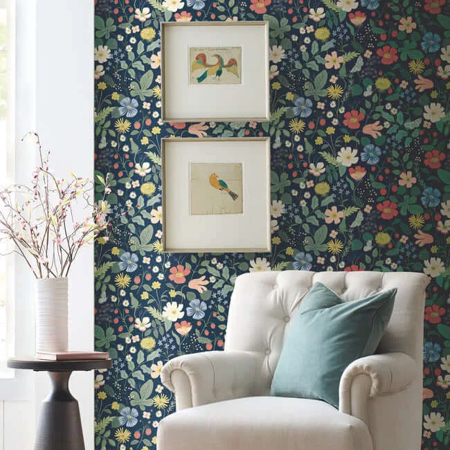 Rifle Paper Co. Strawberry Fields - Blue & Pink Wallpaper | Buy Online Rifle Paper Co. Strawberry Fields wallpaper, color Blue & Pink, SKU RP7358