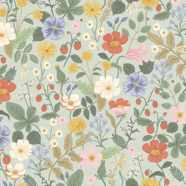 Rifle Paper Co. Strawberry Fields wallpaper, color Green & Pink, SKU RP7356