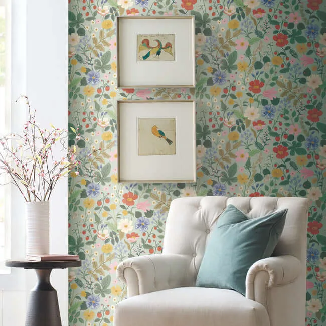 Rifle Paper Co. Strawberry Fields - Green & Pink Wallpaper | Buy Online Rifle Paper Co. Strawberry Fields wallpaper, color Green & Pink, SKU RP7356