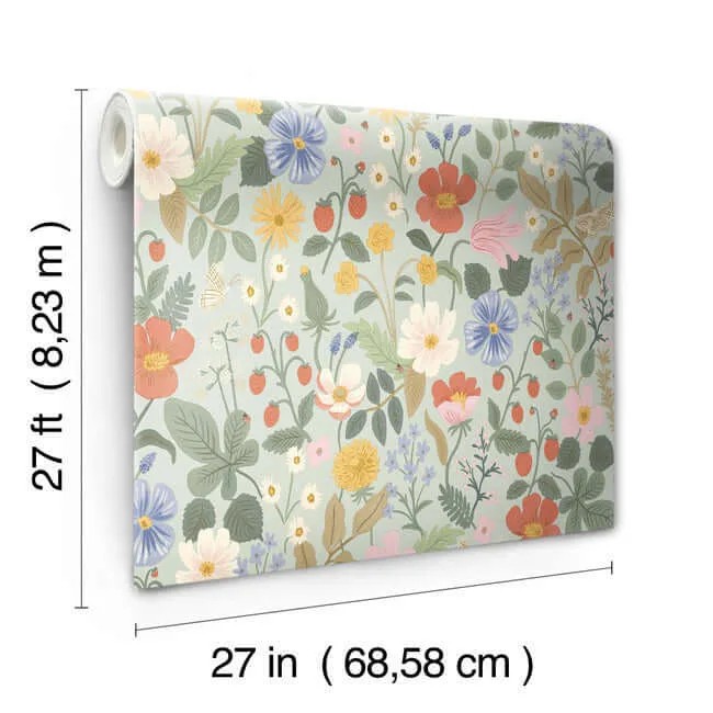 Rifle Paper Co. Strawberry Fields - Green & Pink Wallpaper | Buy Online Rifle Paper Co. Strawberry Fields wallpaper, color Green & Pink, SKU RP7356