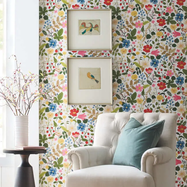 Rifle Paper Co. Strawberry Fields - White & Red Wallpaper | Buy Online Rifle Paper Co. Strawberry Fields wallpaper, color White & Red, SKU RP7354