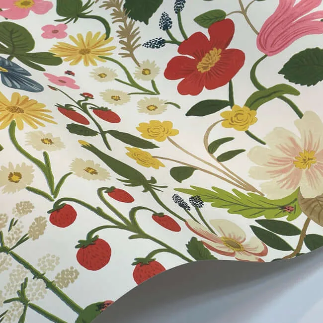 Rifle Paper Co. Strawberry Fields - White & Red Wallpaper | Buy Online Rifle Paper Co. Strawberry Fields wallpaper, color White & Red, SKU RP7354