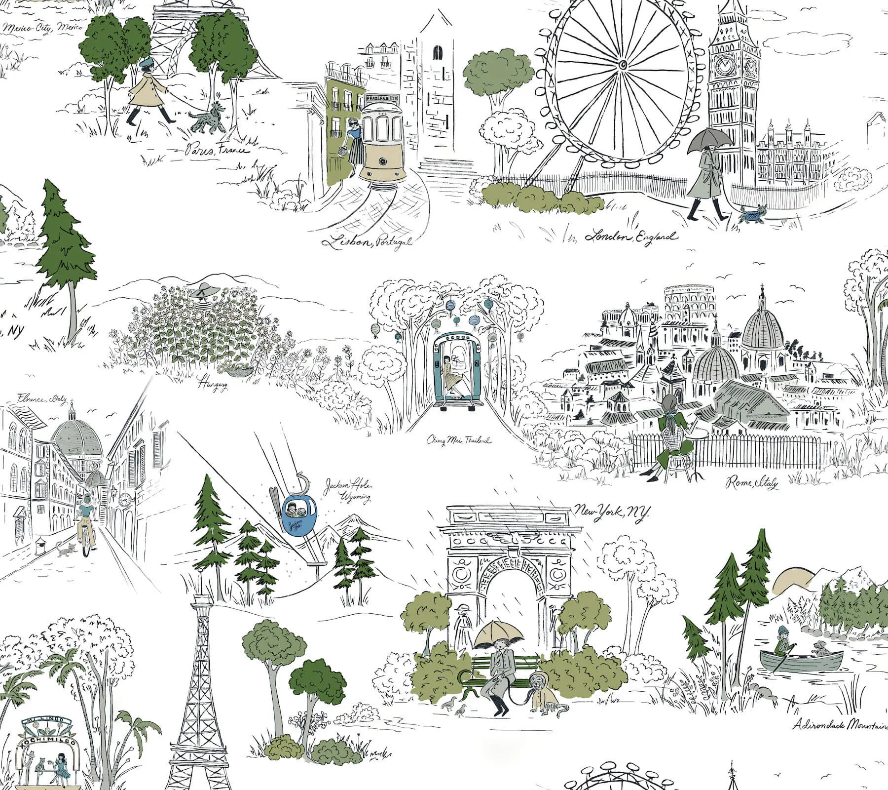 Rifle Paper Co. Travel Sketches wallpaper, color Blue, SKU PSW1682RL