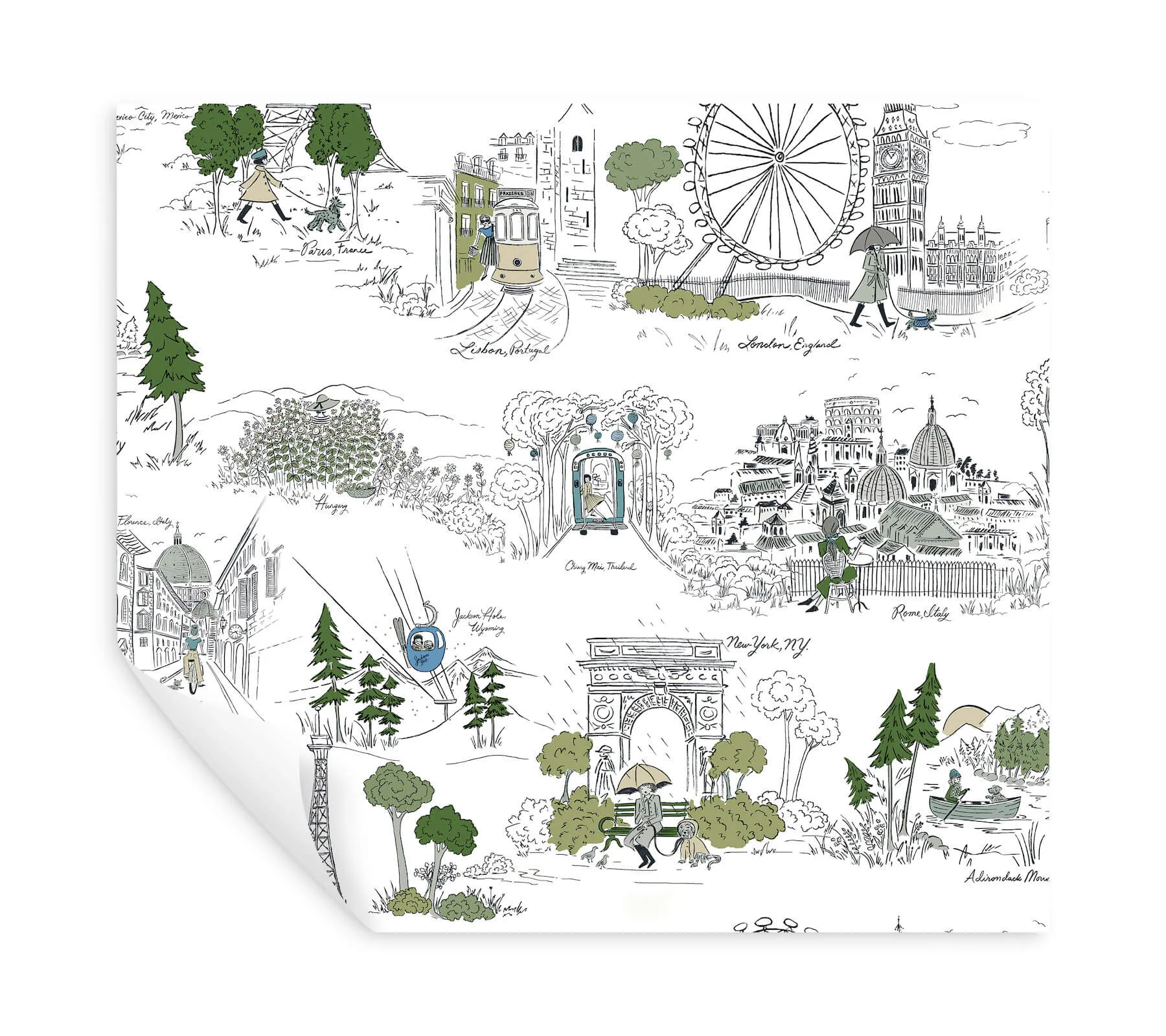 Rifle Paper Co. Travel Sketches - Blue Wallpaper | Buy Online Rifle Paper Co. Travel Sketches wallpaper, color Blue, SKU PSW1682RL