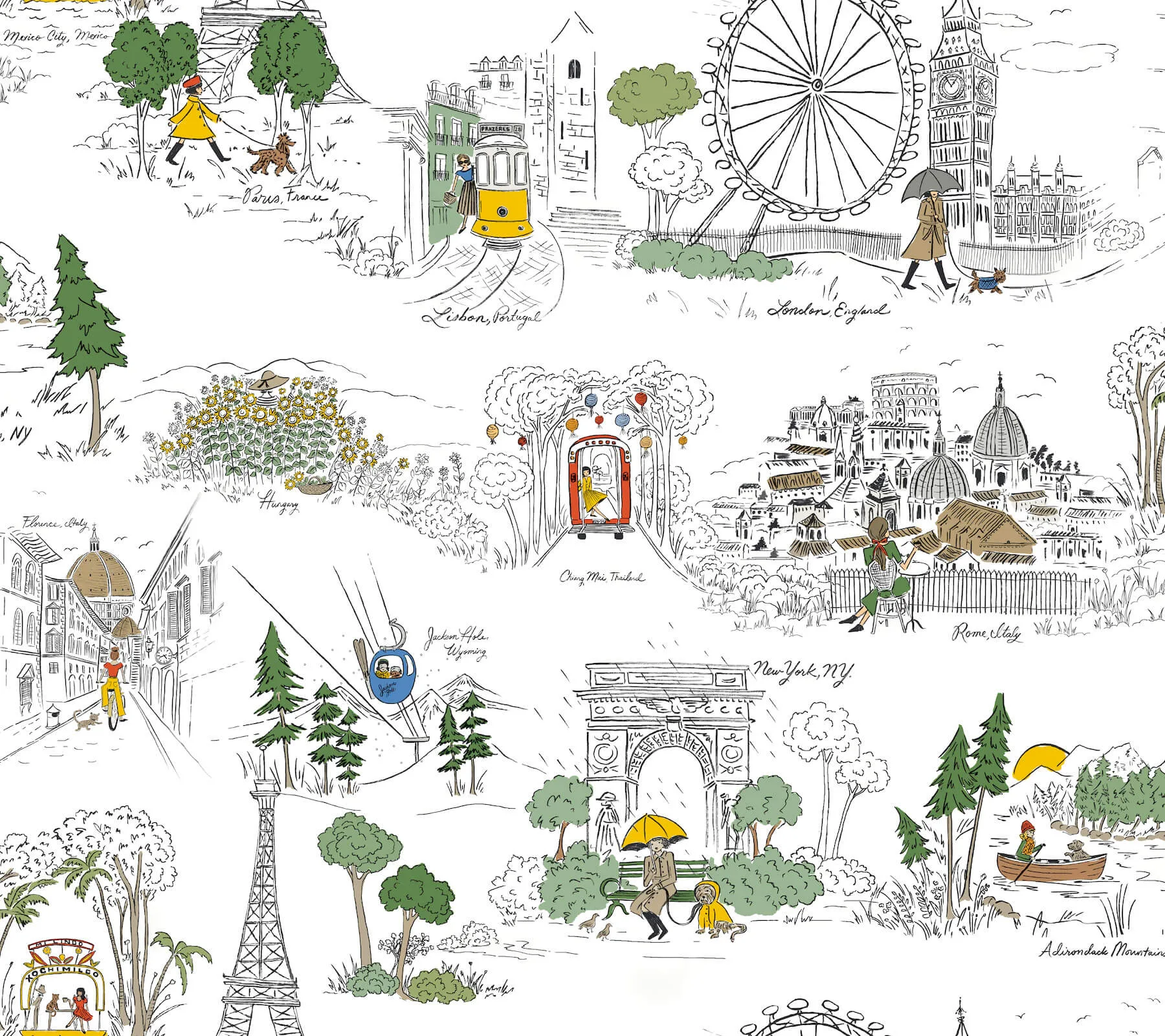 Rifle Paper Co. Travel Sketches wallpaper, color Yellow, SKU PSW1683RL