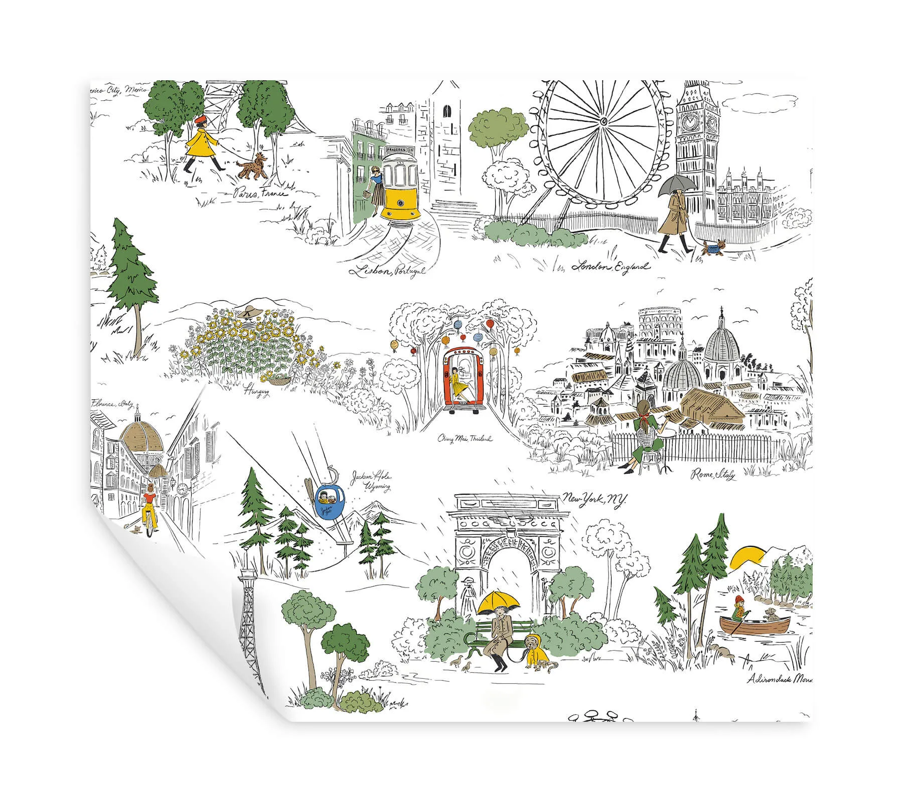 Rifle Paper Co. Travel Sketches - Yellow Wallpaper | Buy Online Rifle Paper Co. Travel Sketches wallpaper, color Yellow, SKU PSW1683RL