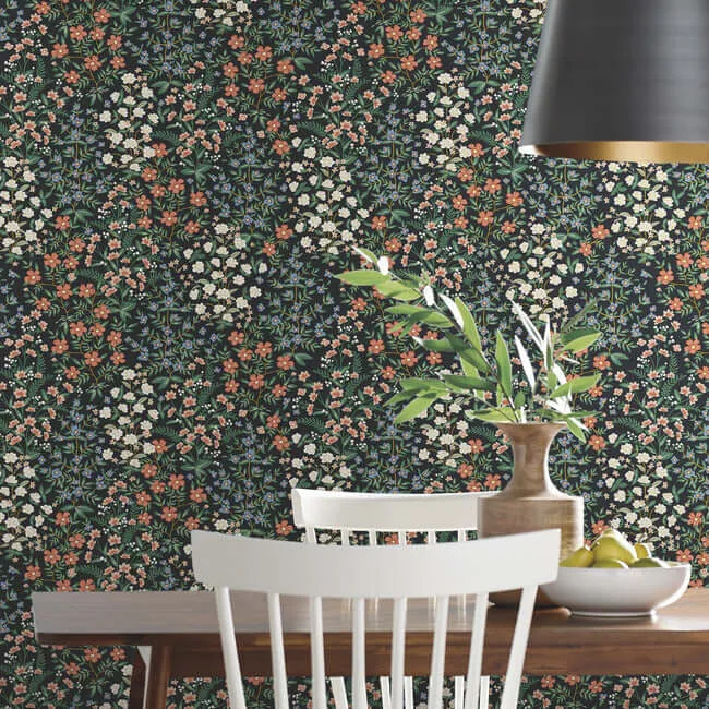 Rifle Paper Co. Wildwood Garden wallpaper, color Black & Red, SKU RP7378