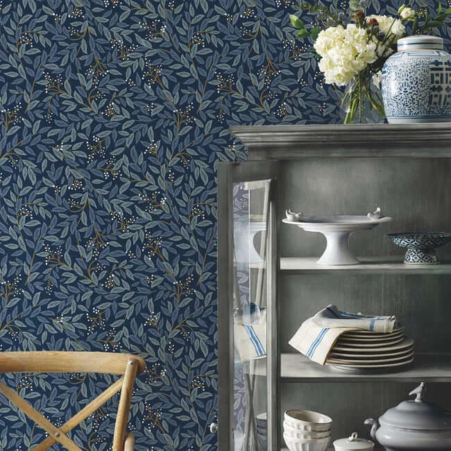 Rifle Paper Co. Willowberry wallpaper, color Navy, SKU PSW1470RL