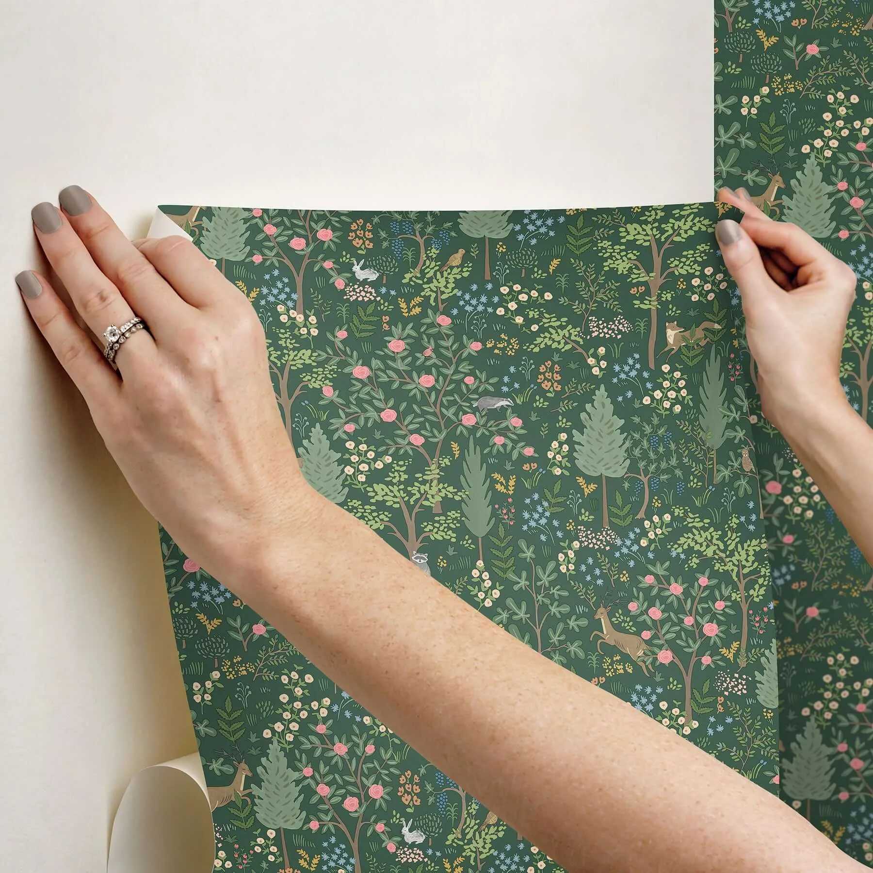 Rifle Paper Co. Woodland - Emerald Wallpaper | Buy Online Rifle Paper Co. Woodland wallpaper, color Emerald, SKU PSW1548RL