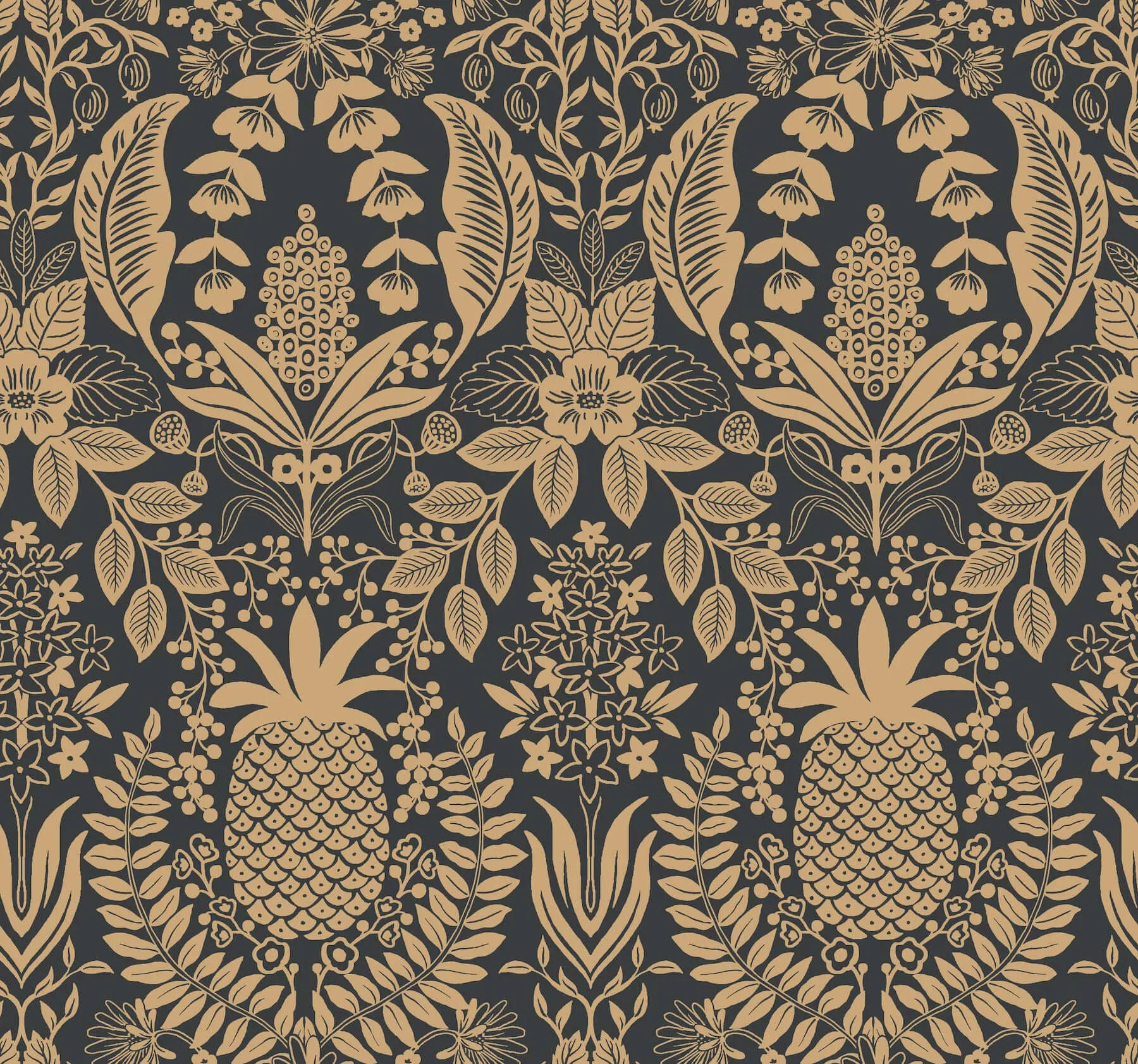 Rifle Paper Co. Pineapple Damask wallpaper, color Black, SKU RF7483