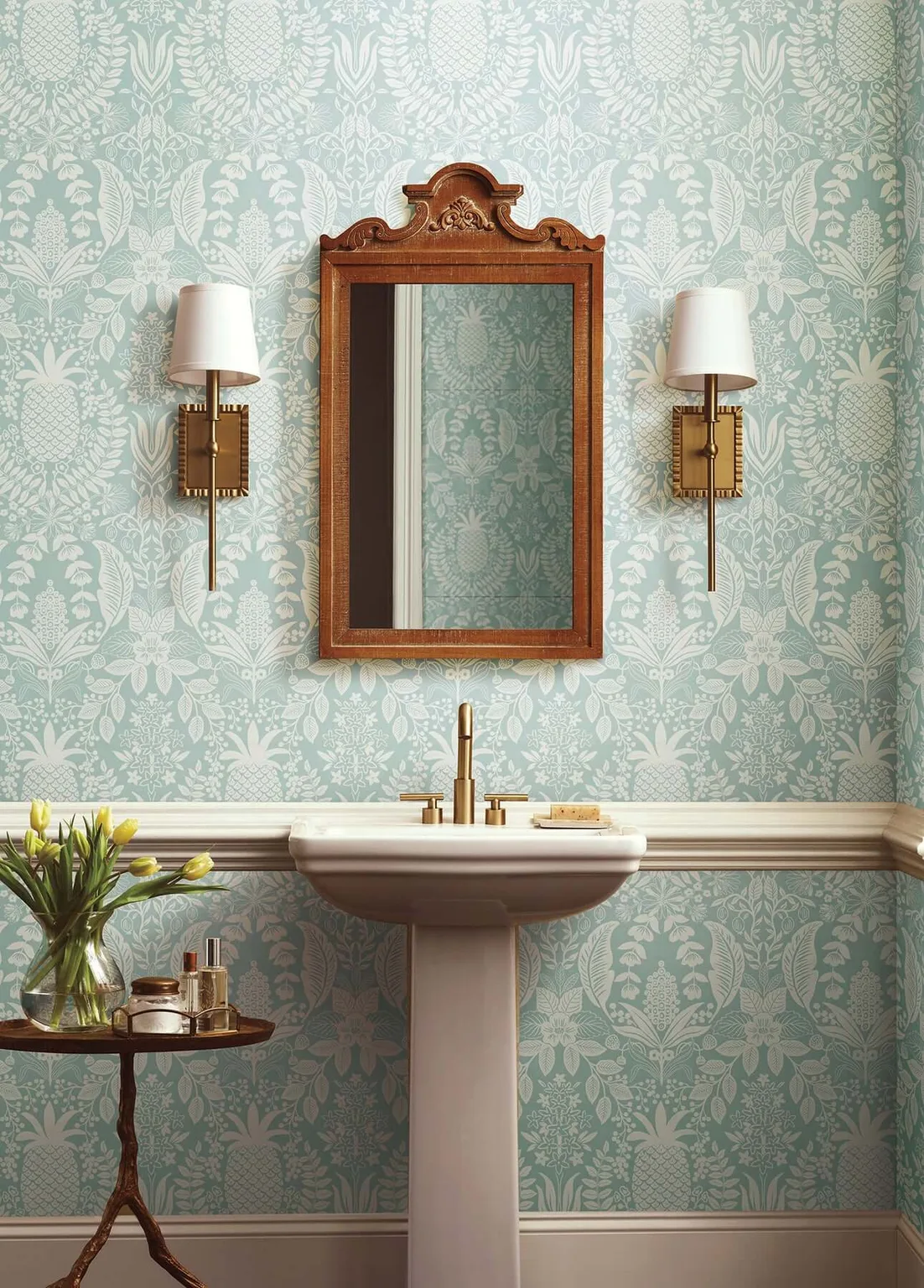 Rifle Paper Co. Pineapple Damask wallpaper, color Light Blue, SKU RF7484