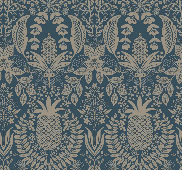 Rifle Paper Co. Pineapple Damask wallpaper, color Navy, SKU RF7486