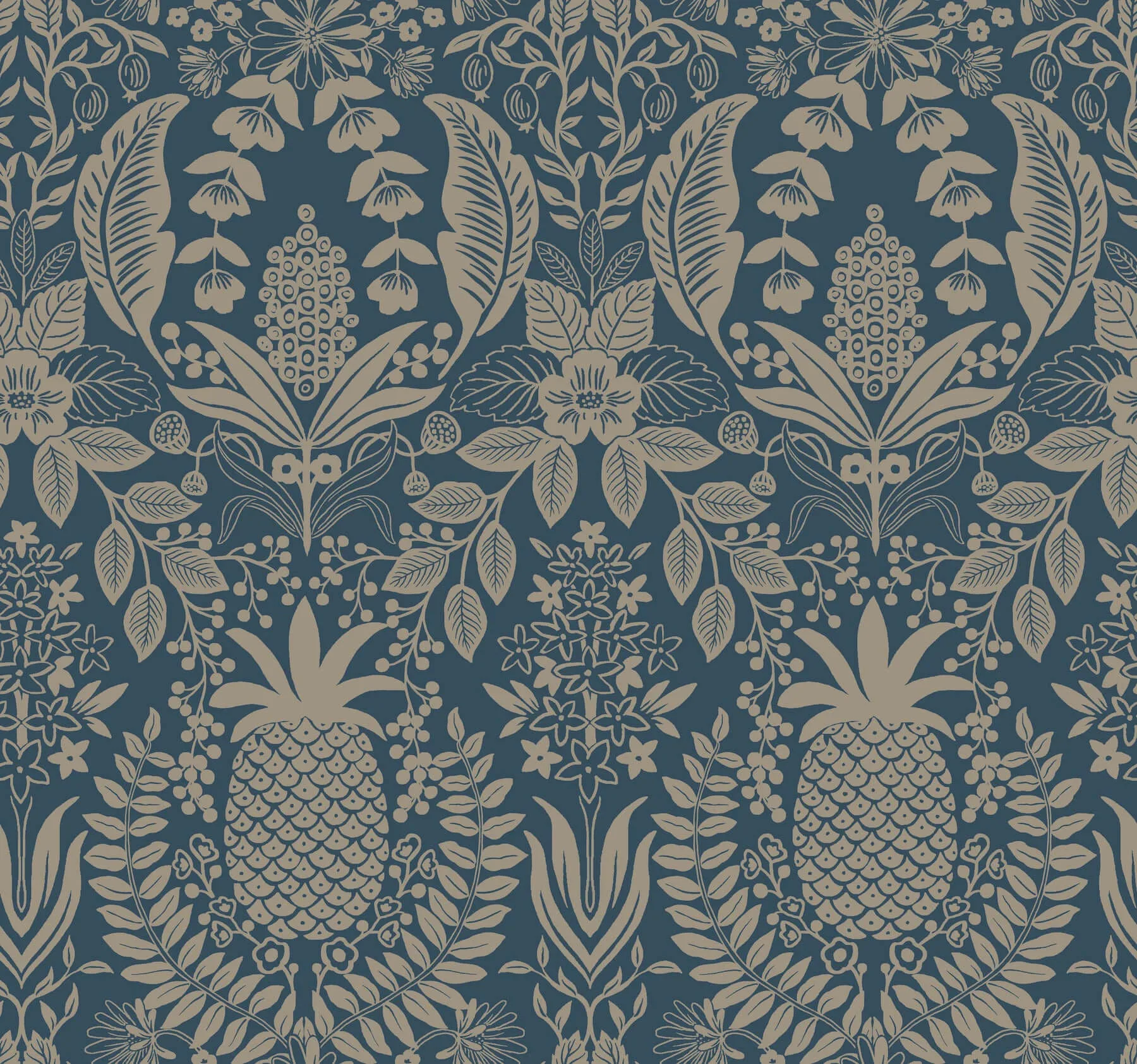 Rifle Paper Co. Pineapple Damask wallpaper, color Navy, SKU RF7486