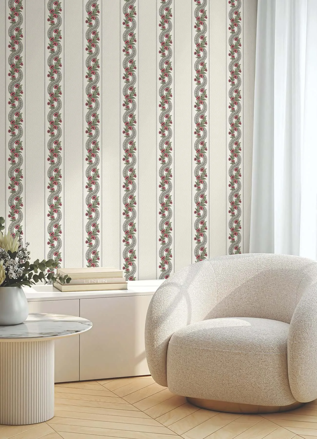 Ronald Redding Abbey's Garland wallpaper, color Red & Green, SKU MX9693