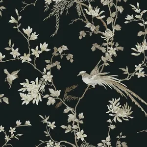 Ronald Redding Bird & Blossom Chinoserie wallpaper, color Black, SKU KT2173