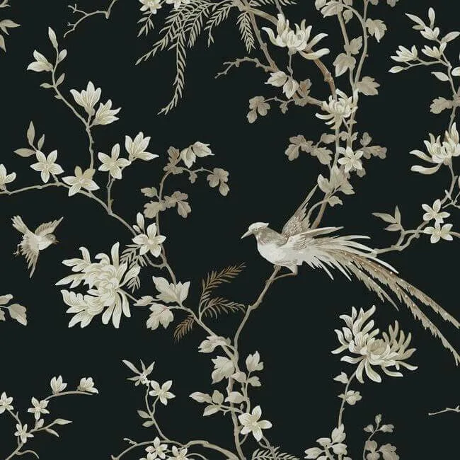 Ronald Redding Bird & Blossom Chinoserie wallpaper, color Black, SKU KT2173