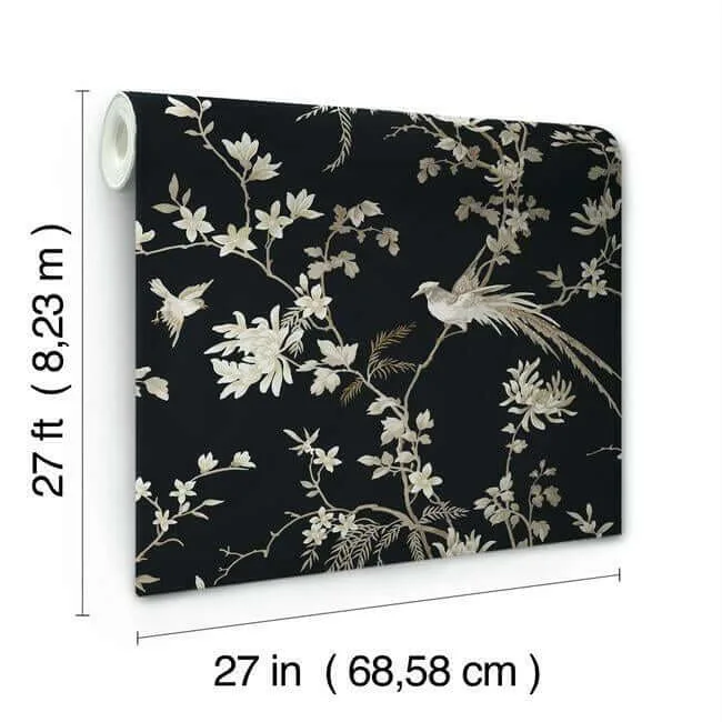 Ronald Redding Bird & Blossom Chinoserie wallpaper, color Black, SKU KT2173