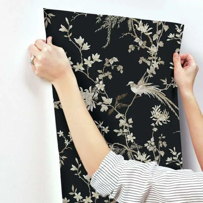 Ronald Redding Bird & Blossom Chinoserie wallpaper, color Black, SKU KT2173
