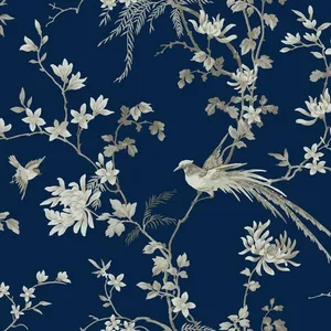 Ronald Redding Bird & Blossom Chinoserie wallpaper, color Blue, SKU KT2171