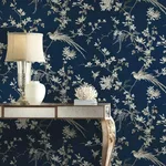 Ronald Redding Bird & Blossom Chinoserie wallpaper, color Blue, SKU KT2171