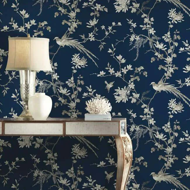 Ronald Redding Bird & Blossom Chinoserie wallpaper, color Blue, SKU KT2171