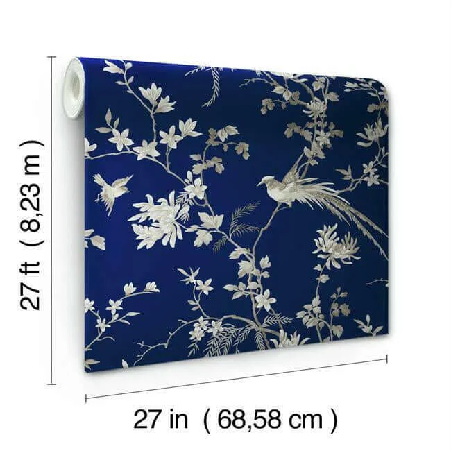 Ronald Redding Bird & Blossom Chinoserie wallpaper, color Blue, SKU KT2171
