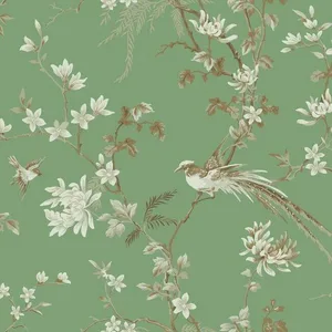 Ronald Redding Bird & Blossom Chinoserie wallpaper, color Green, SKU KT2175
