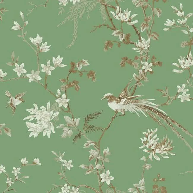 Ronald Redding Bird & Blossom Chinoserie wallpaper, color Green, SKU KT2175