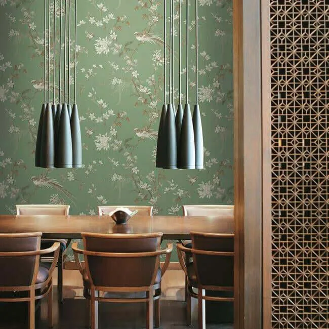 Ronald Redding Bird & Blossom Chinoserie wallpaper, color Green, SKU KT2175