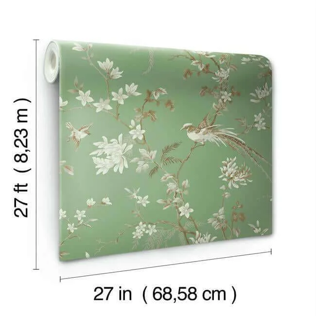 Ronald Redding Bird & Blossom Chinoserie - Green Wallpaper | Buy Online Ronald Redding Bird & Blossom Chinoserie wallpaper, color Green, SKU KT2175