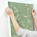 Ronald Redding Bird & Blossom Chinoserie - Green Wallpaper | Buy Online Ronald Redding Bird & Blossom Chinoserie wallpaper, color Green, SKU KT2175