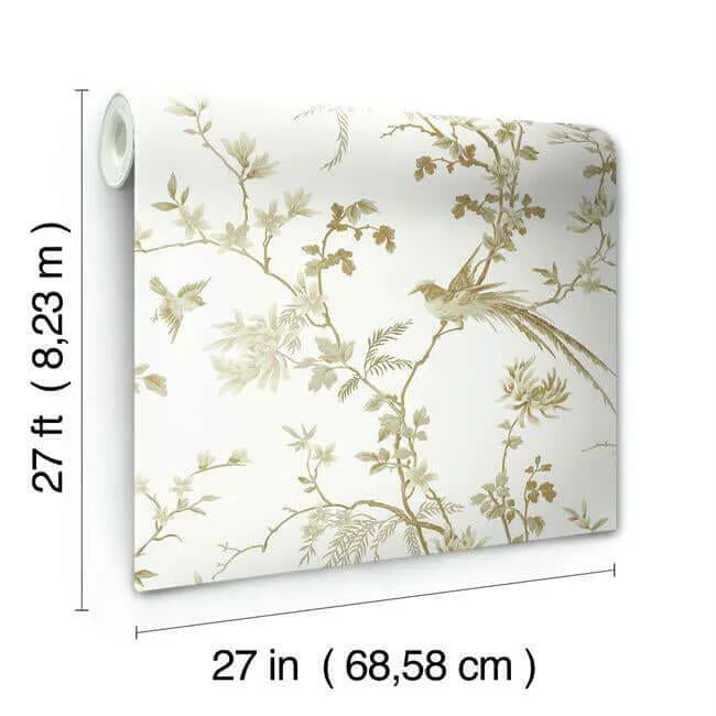 Ronald Redding Bird & Blossom Chinoserie wallpaper, color White & Gold, SKU KT2174
