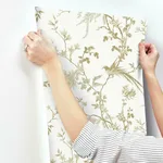 Ronald Redding Bird & Blossom Chinoserie wallpaper, color White & Gold, SKU KT2174