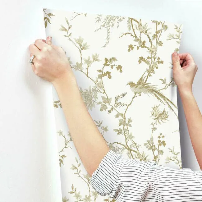 Ronald Redding Bird & Blossom Chinoserie wallpaper, color White & Gold, SKU KT2174