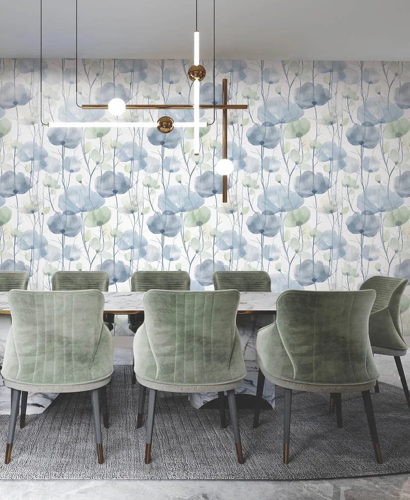 Ronald Redding Cotswolds Poppies wallpaper, color Blue, SKU VR1535