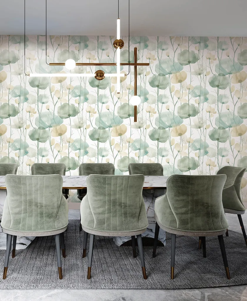 Ronald Redding Cotswolds Poppies wallpaper, color Turquoise, SKU VR1539