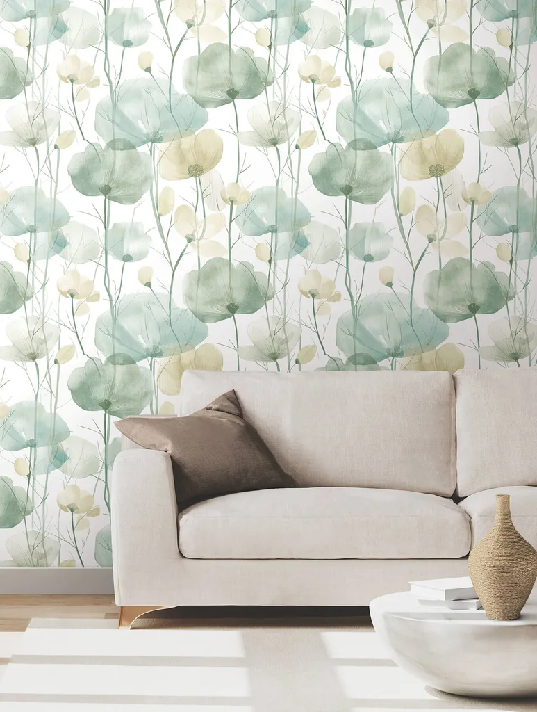 Ronald Redding Cotswolds Poppies wallpaper, color Turquoise, SKU VR1539