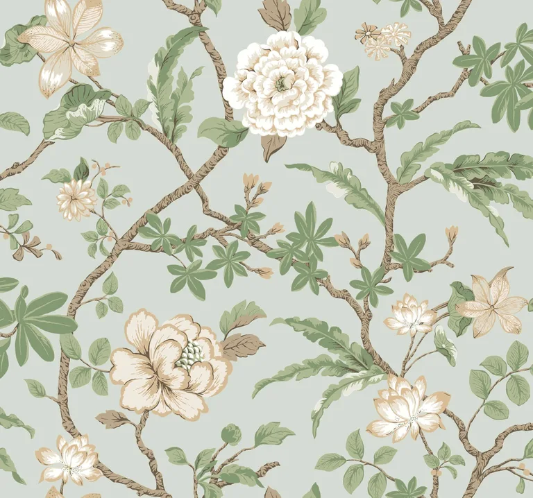 Ronald Redding Courtyard Botanical wallpaper, color Pale Blue, SKU MX9654