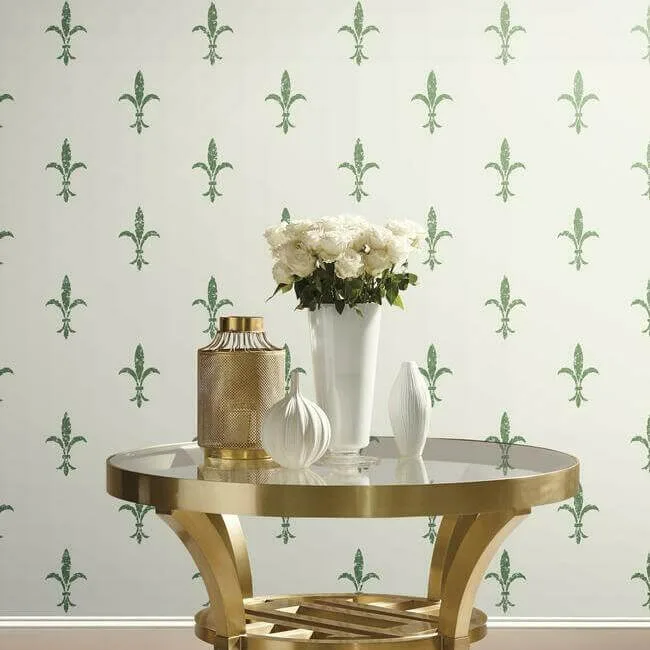 Ronald Redding Fleur De Lis wallpaper, color White & Green, SKU KT2194