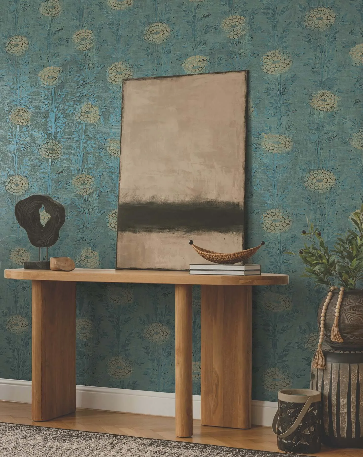 Ronald Redding French Marigold wallpaper, color Teal Green & Gold, SKU AF6519