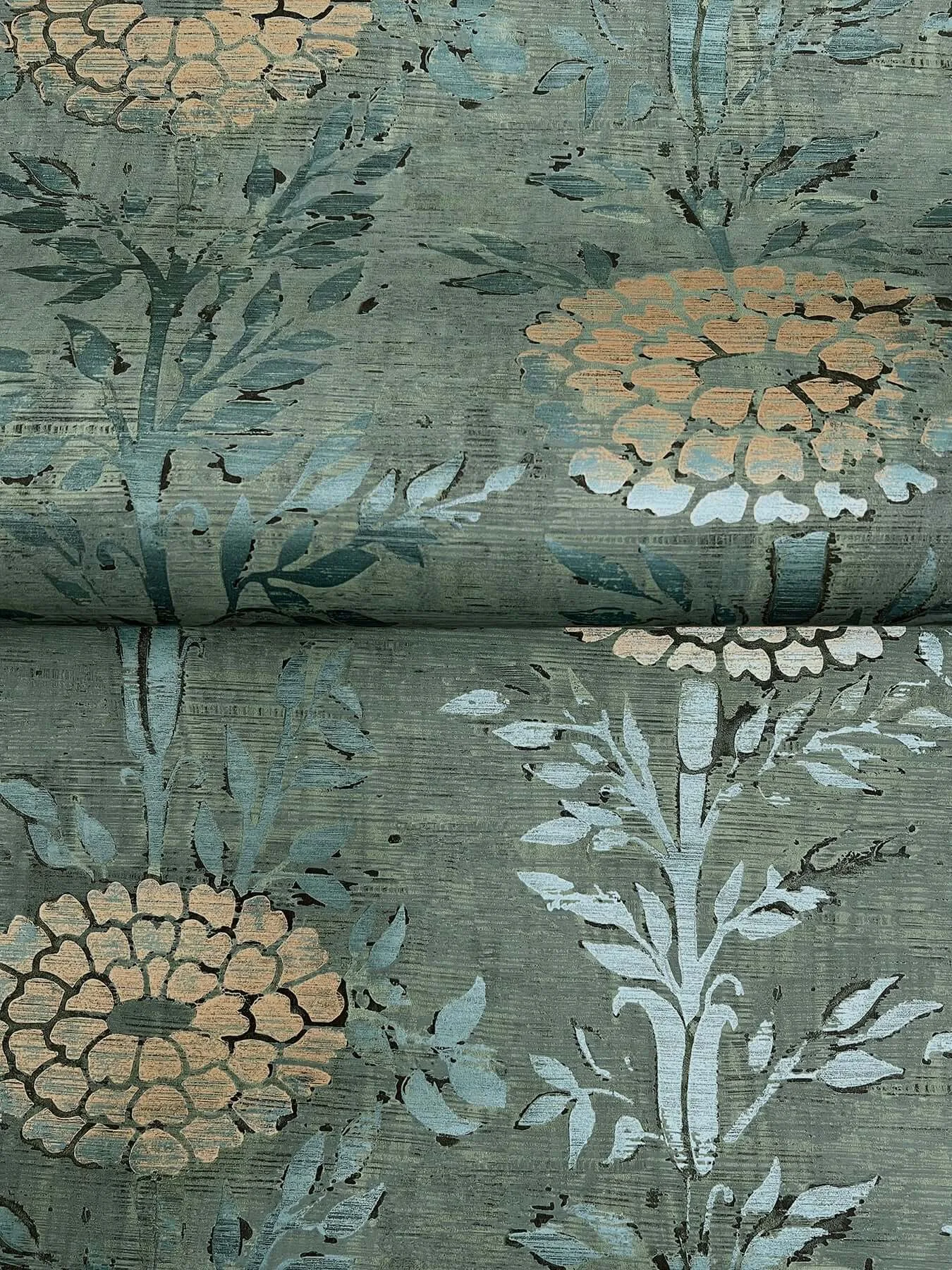 Ronald Redding French Marigold wallpaper, color Teal Green & Gold, SKU AF6519