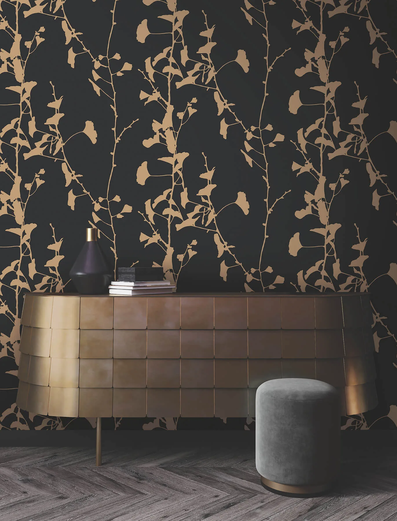 Ronald Redding Ginkgo Silhouette wallpaper, color Black & Gold, SKU VR1512