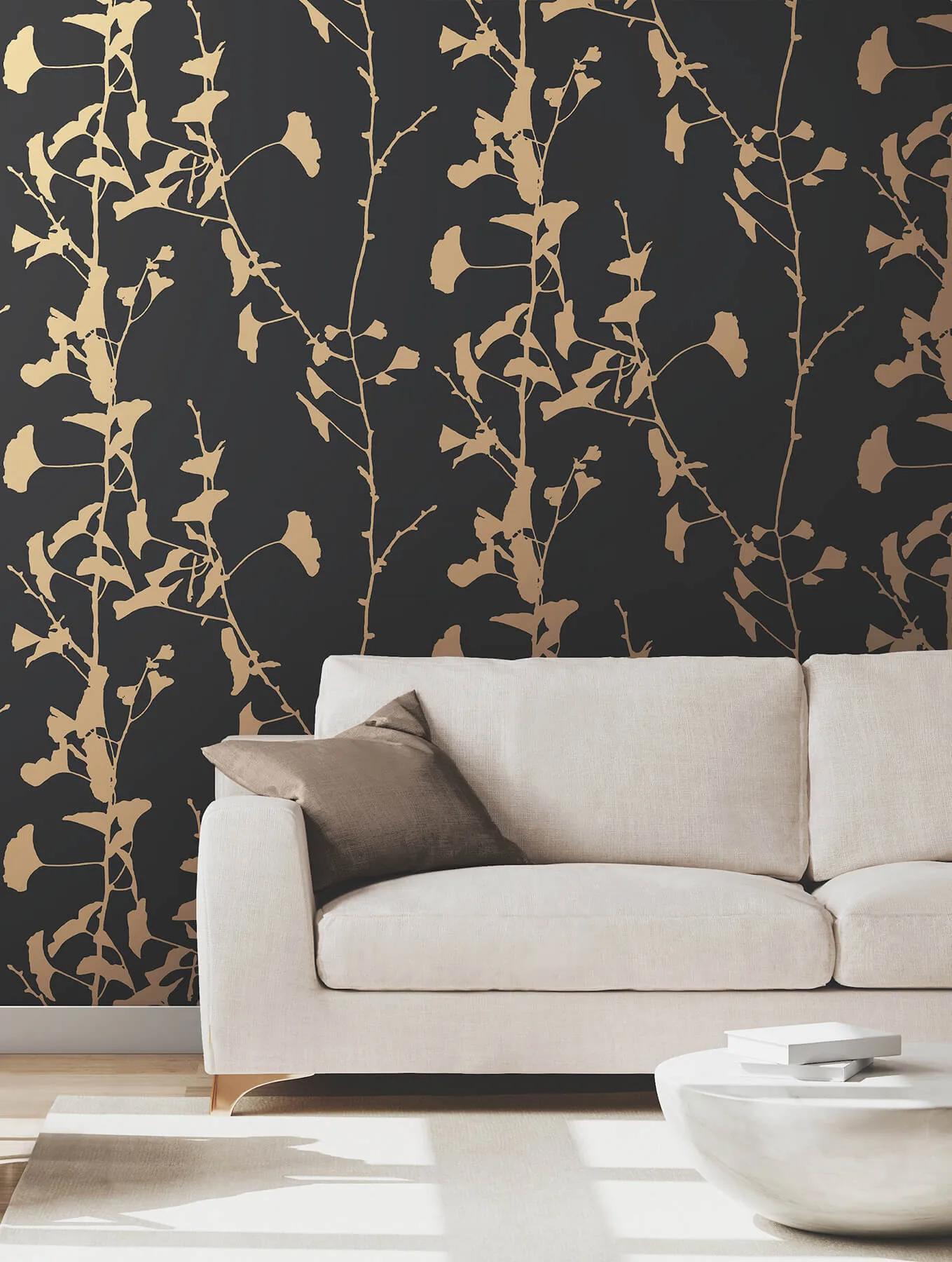 Ronald Redding Ginkgo Silhouette - Black & Gold Wallpaper | Buy Online Ronald Redding Ginkgo Silhouette wallpaper, color Black & Gold, SKU VR1512