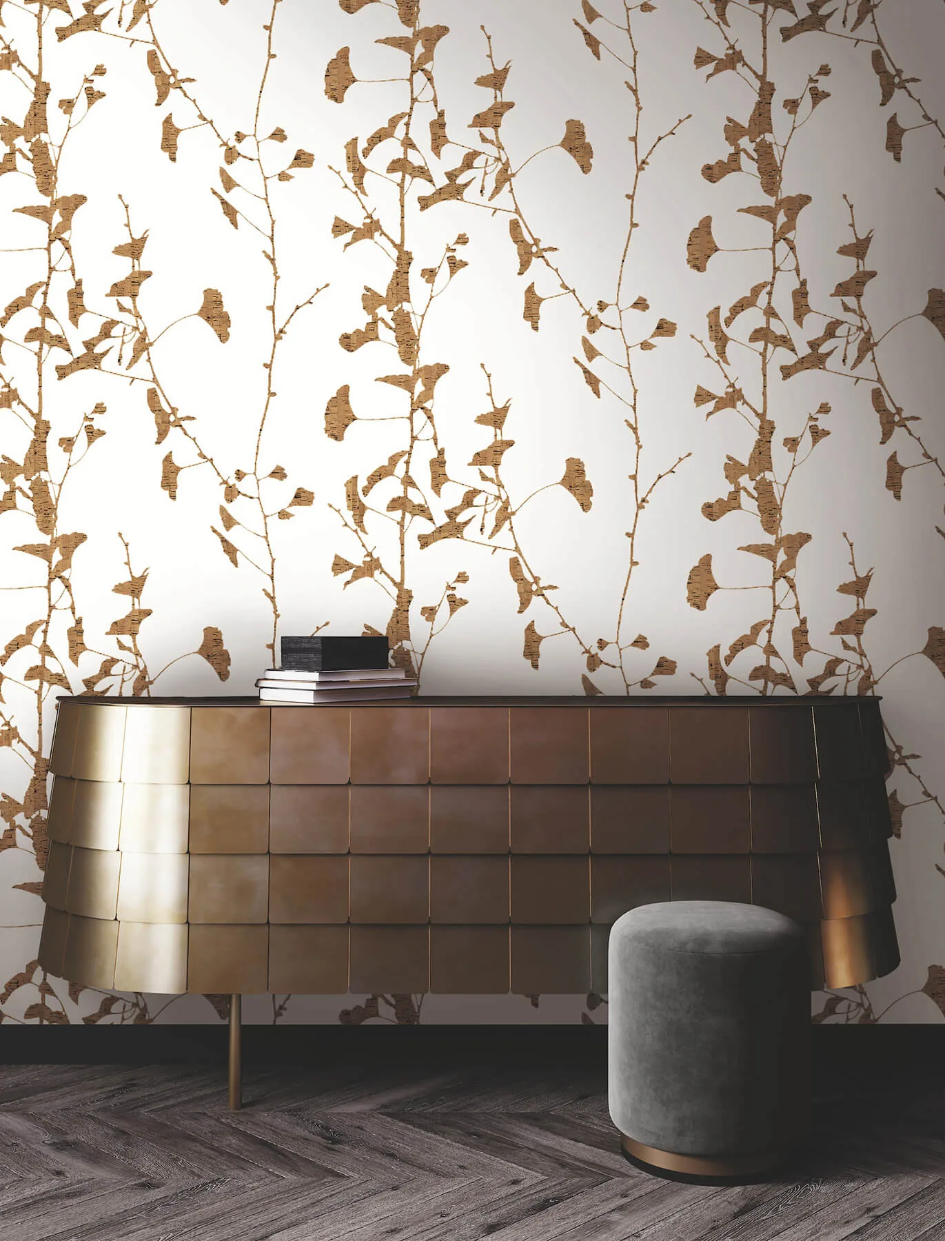 Ronald Redding Ginkgo Silhouette wallpaper, color Light Brown, SKU VR1509