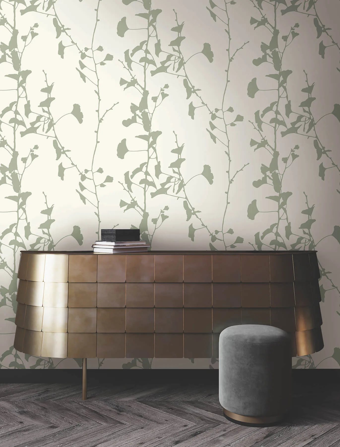 Ronald Redding Ginkgo Silhouette wallpaper, color Sage, SKU VR1510