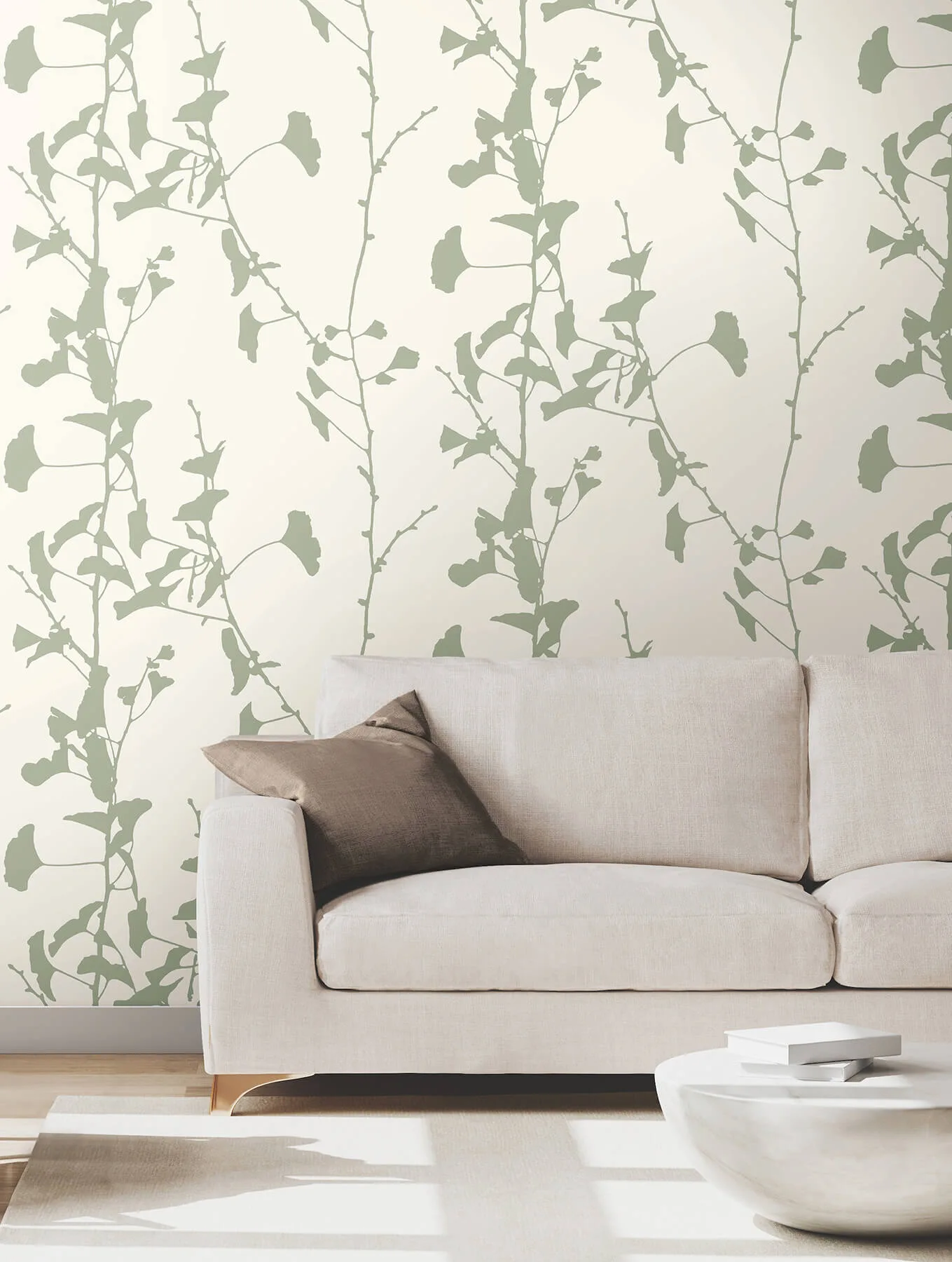 Ronald Redding Ginkgo Silhouette - Sage Wallpaper | Buy Online Ronald Redding Ginkgo Silhouette wallpaper, color Sage, SKU VR1510