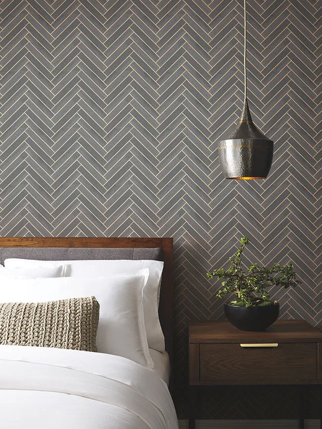 Ronald Redding Herringbone Wood Veneer wallpaper, color Graphite, SKU YGL7074